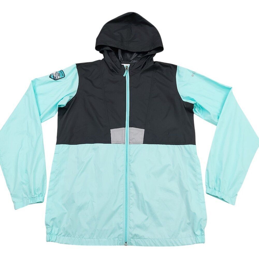 Columbia Windbreaker Youth XL 18/20 Green Black Packable Full Zip Outdoor Hiking